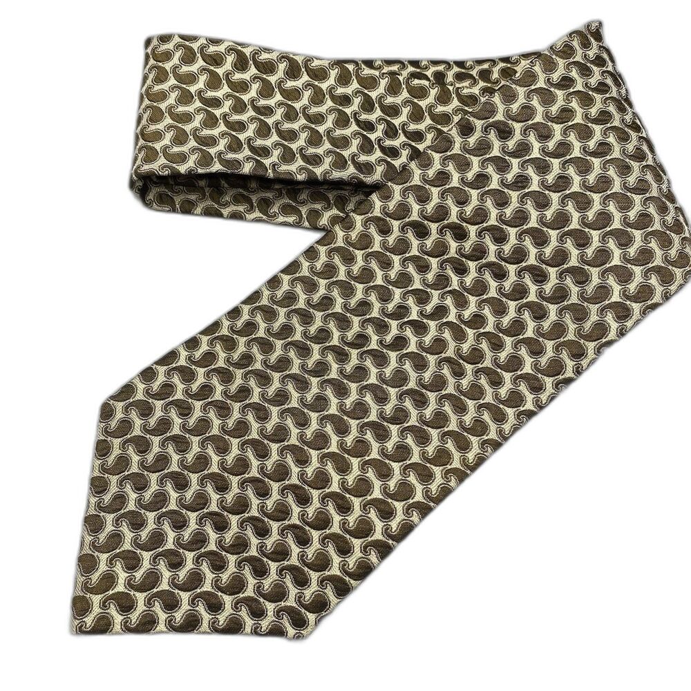 Donna Karan Silk Paisley Tie Vintage Wide Handmade Italy Mens Brown Geometric